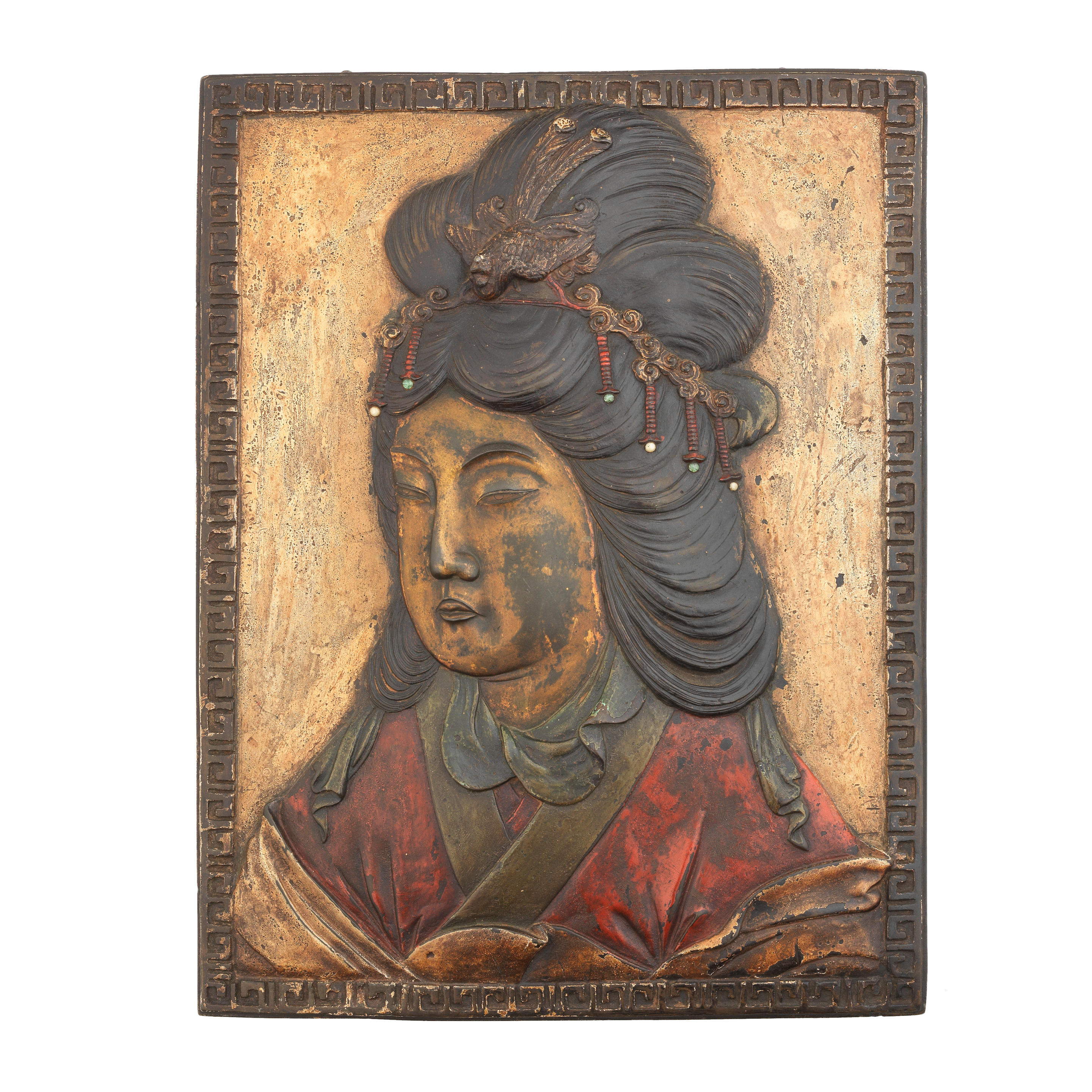 AN UNUSUAL LARGE LACQUERED BRONZE 'GUANYIN' PLAQUE