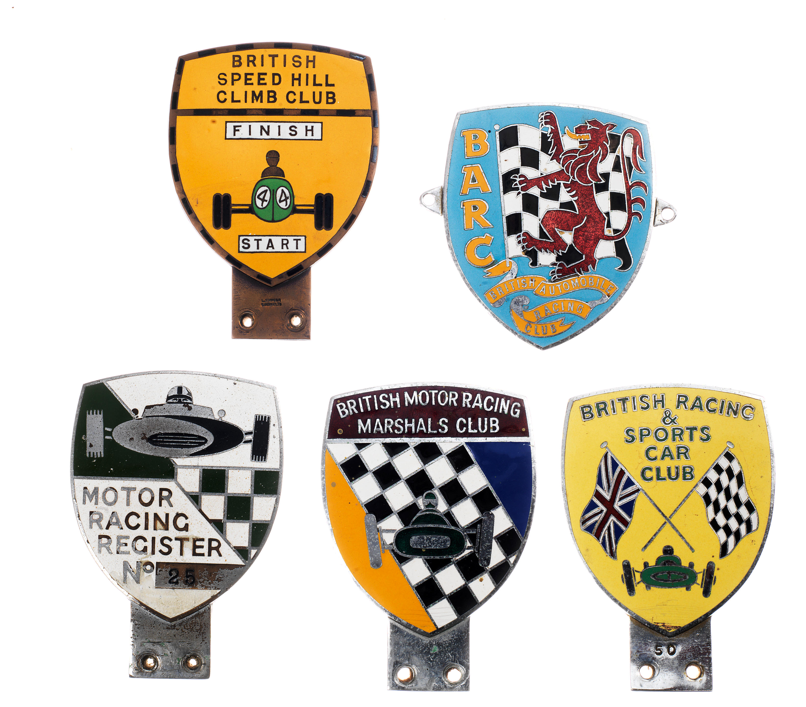 Five British racing enamel shield badges,