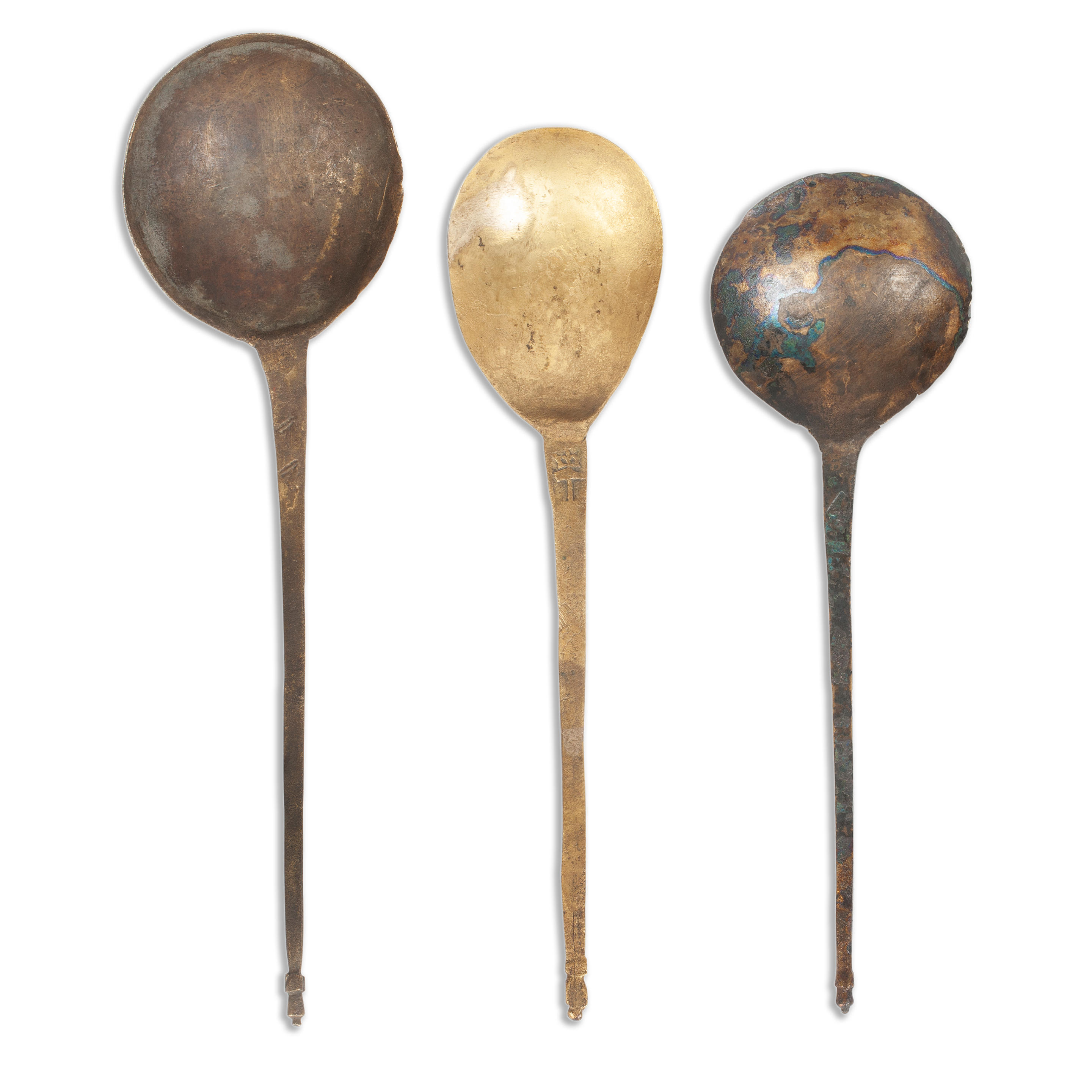 Bonhams : Three rare latten filed proto-acorn knop spoons 14th/15th century