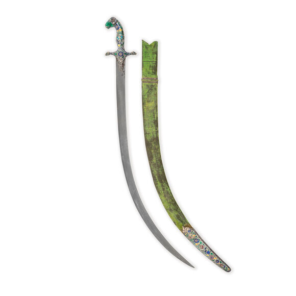 Bonhams : A Lucknow enamelled-silver-hilted ram's head sword (shamshir ...