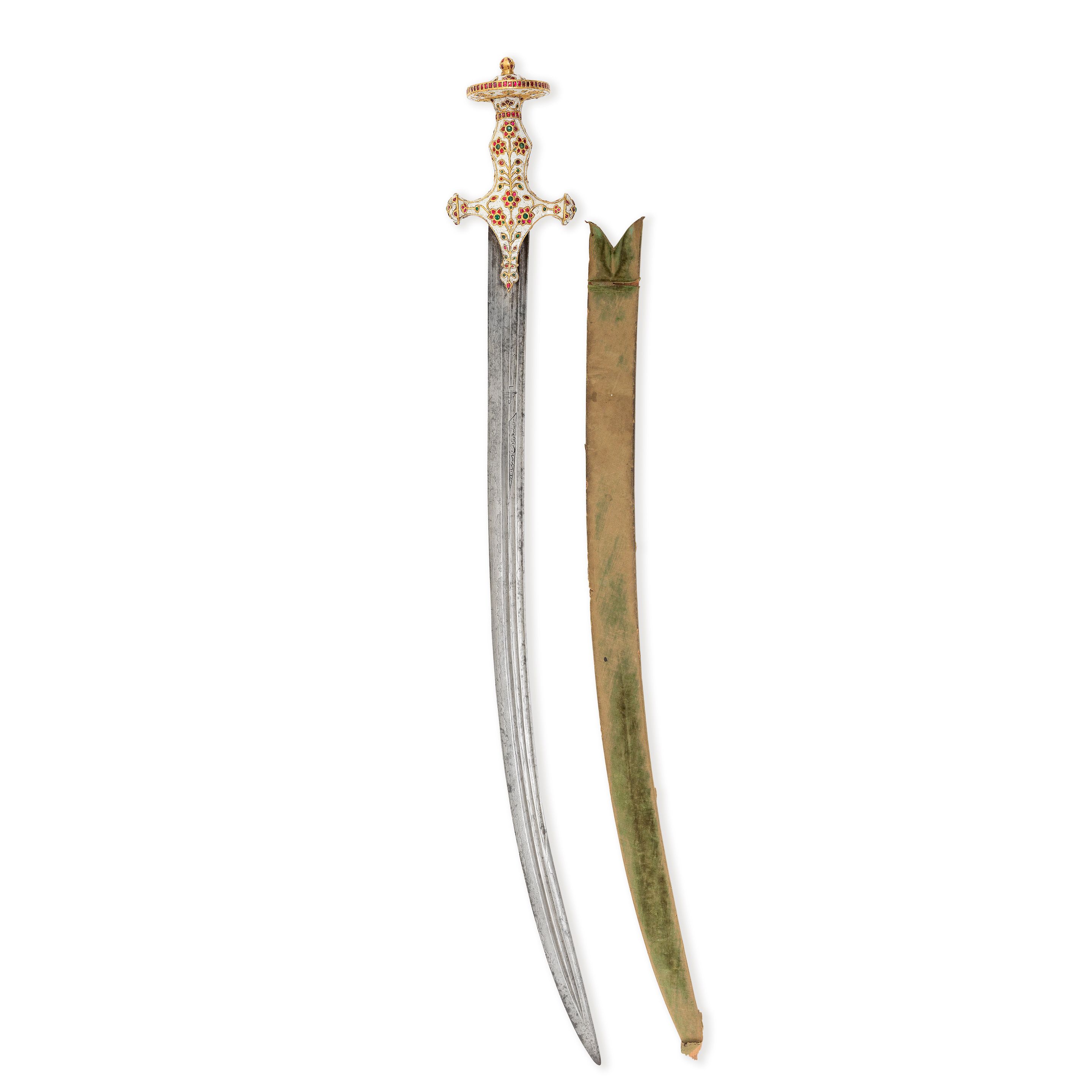 Bonhams : A royal gem-set and enamelled steel sword (tulwar) inscribed ...