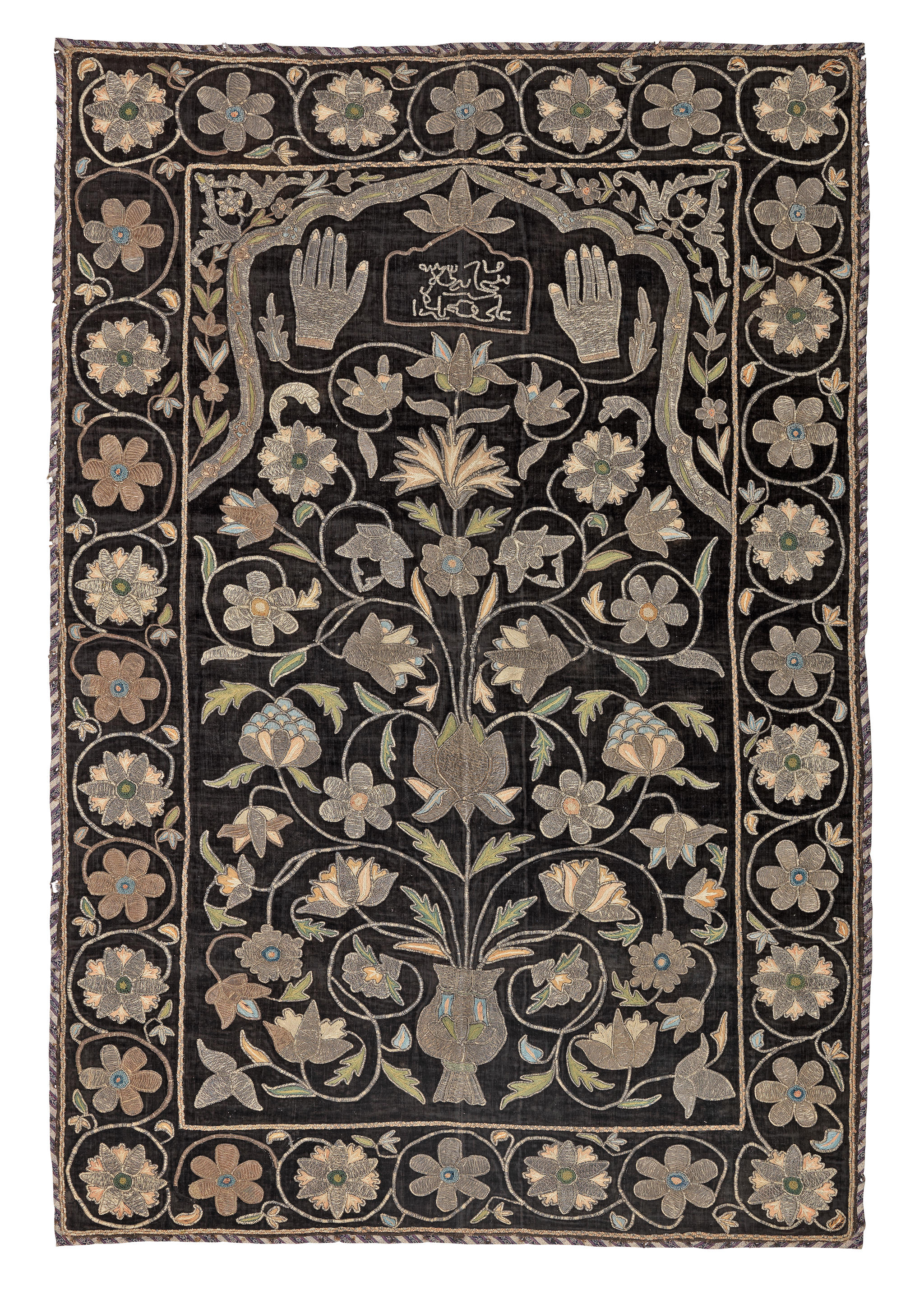 A Qajar silk and metal-thread embroidered prayer mat