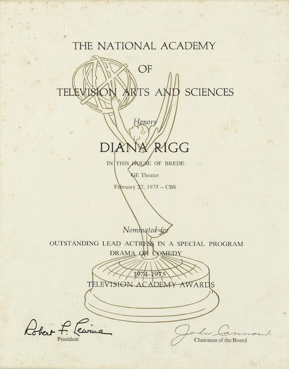 Bonhams Diana Rigg An Emmy Award Nomination Certificate for In This