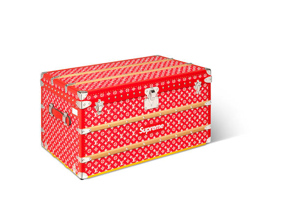London UK Monday 08 November 2021 Foreground A Louis Vuitton x Supreme  Limited Edition Red and White Monogram Malle Courrier 90 Trunk, 2019  (estimate: £60,000 - 80,000) art background L to R