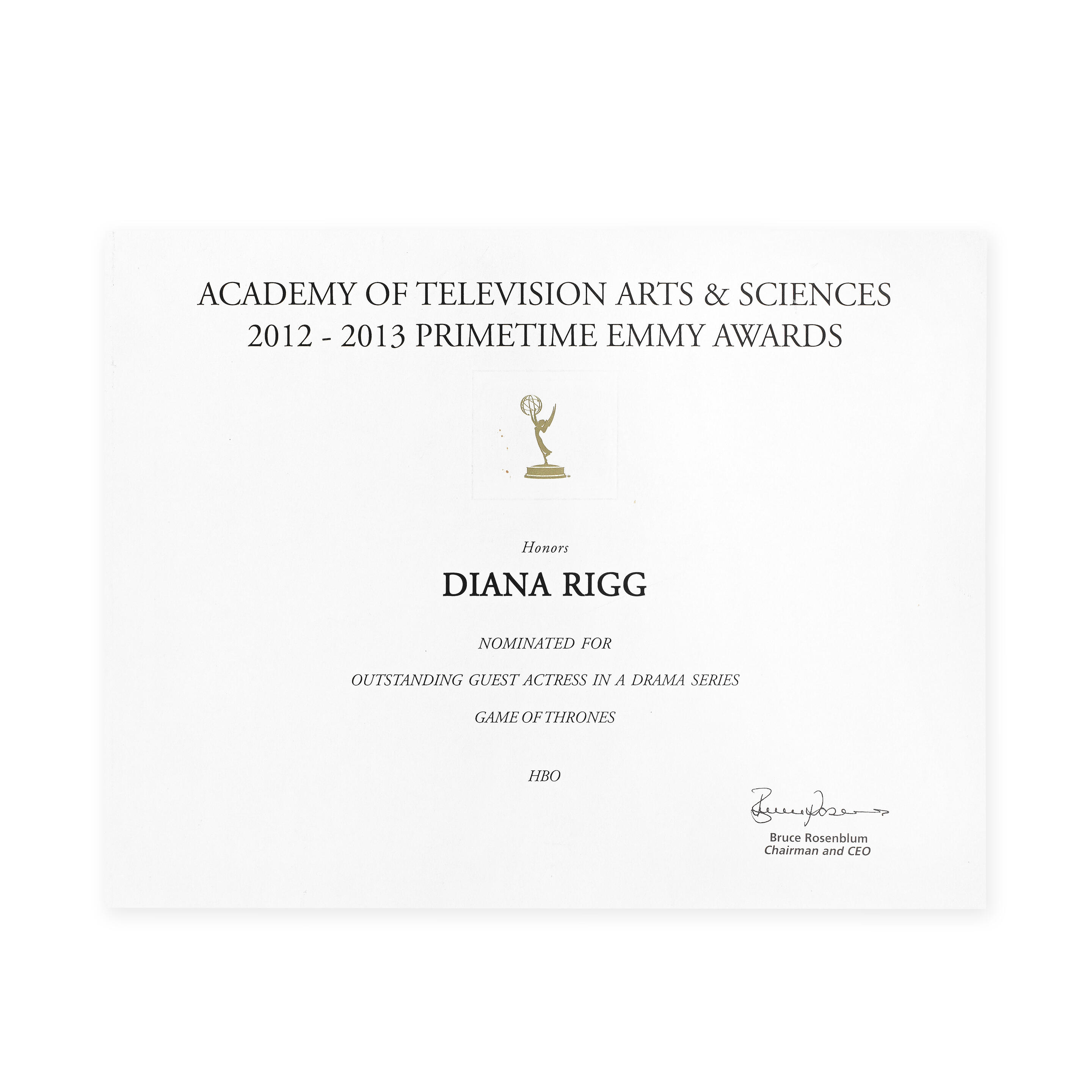 Bonhams Game of Thrones An Emmy Award Nomination Certificate for Game