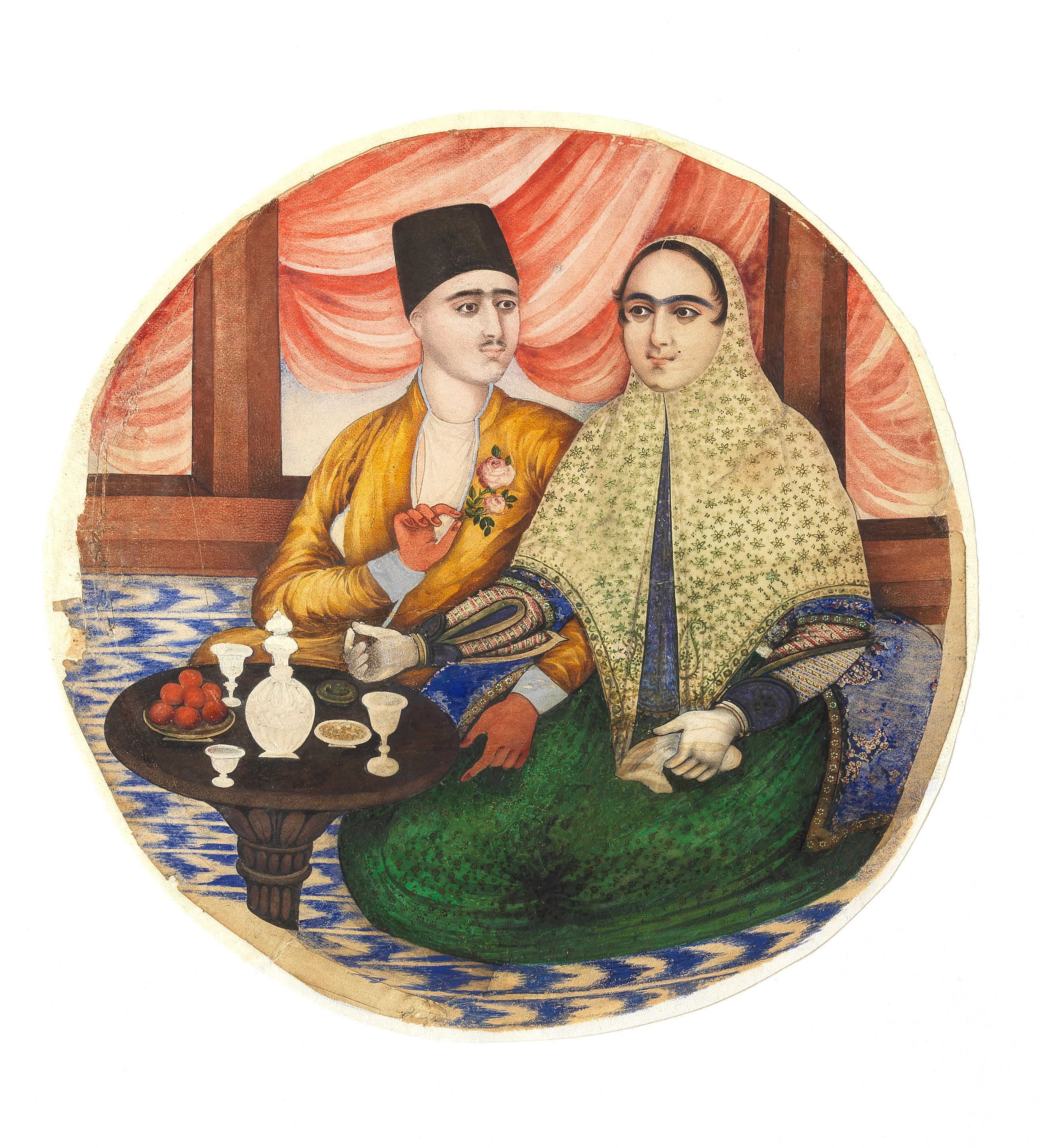 Bonhams A Husband And Wife Seated On A Terrace Taking Refreshment Qajar Persia Mid 19th Century