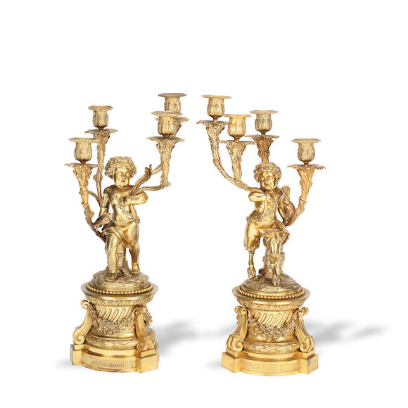 Bonhams : A pair of late 19th century French gilt bronze figural four ...