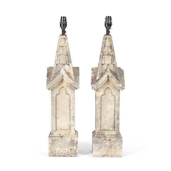 Bonhams A pair of composition stone Gothic style finials converted to
