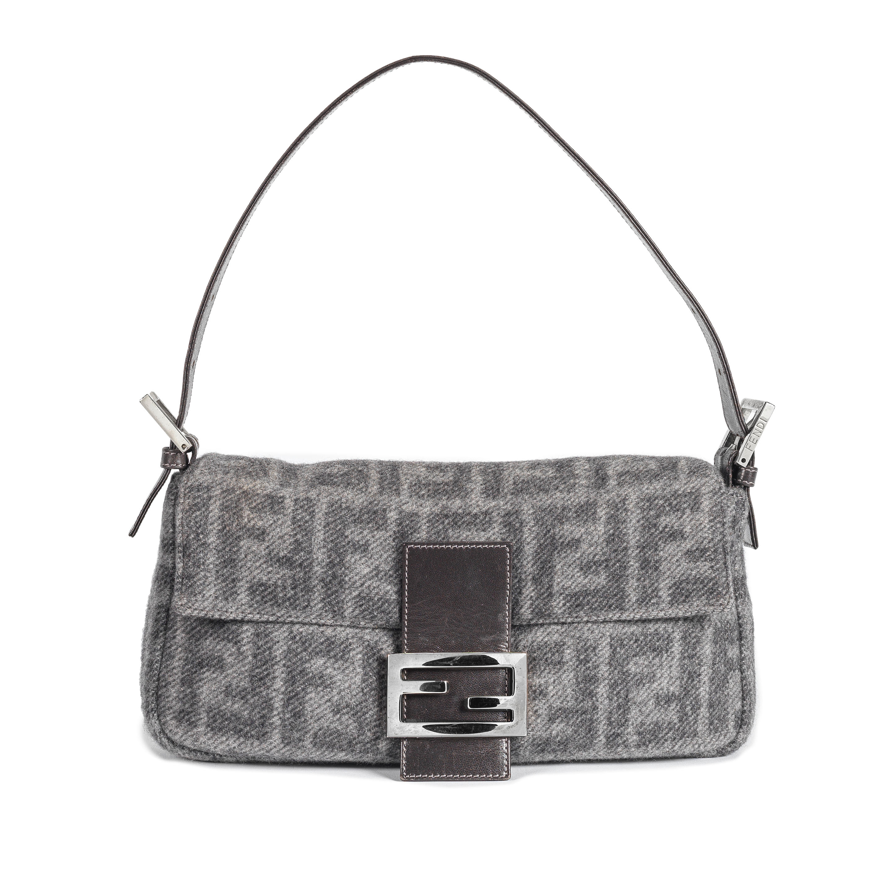 Fendi Fendi Wool Crystal Grey Baguette Small Shoulder Bag Leather