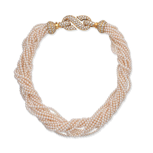 Bonhams : CULTURED PEARL NECKLACE WITH DIAMOND-SET CLASP