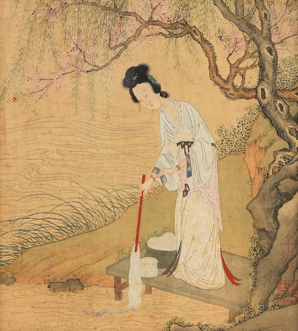 Bonhams : MANNER OF QIU YING, Qing Dynasty Beauty Beside a River