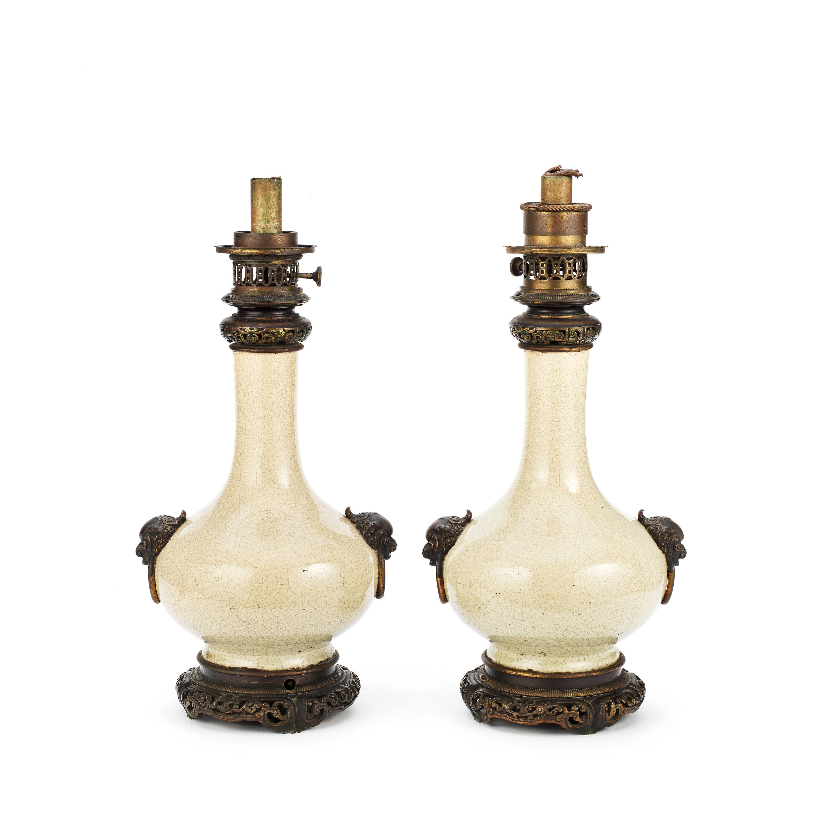 Bonhams A pair of Chinese porcelain Getype bottle vases mounted as