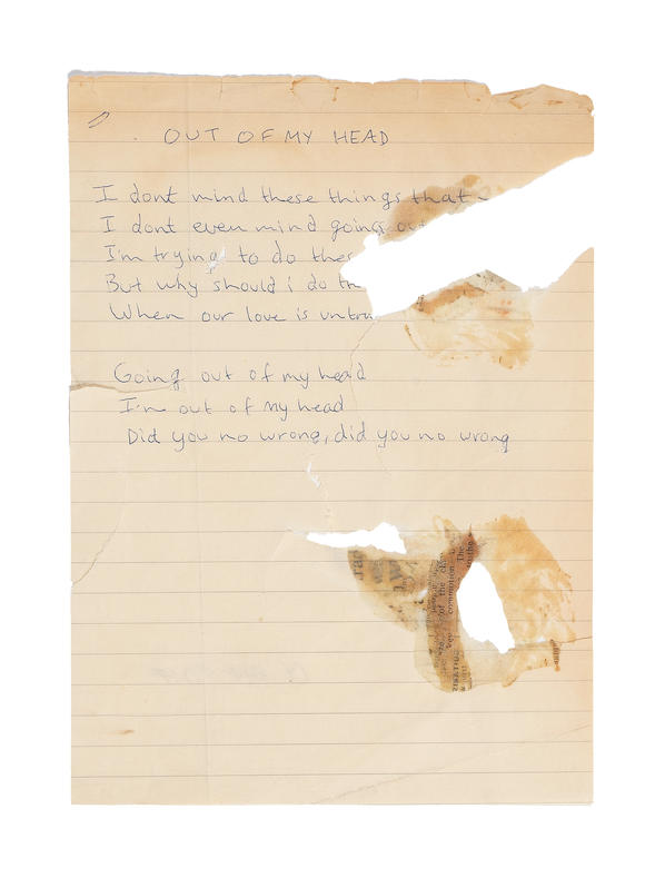 Bonhams Sex Pistols Handwritten Lyrics By Johnny Rotten For Out Of My