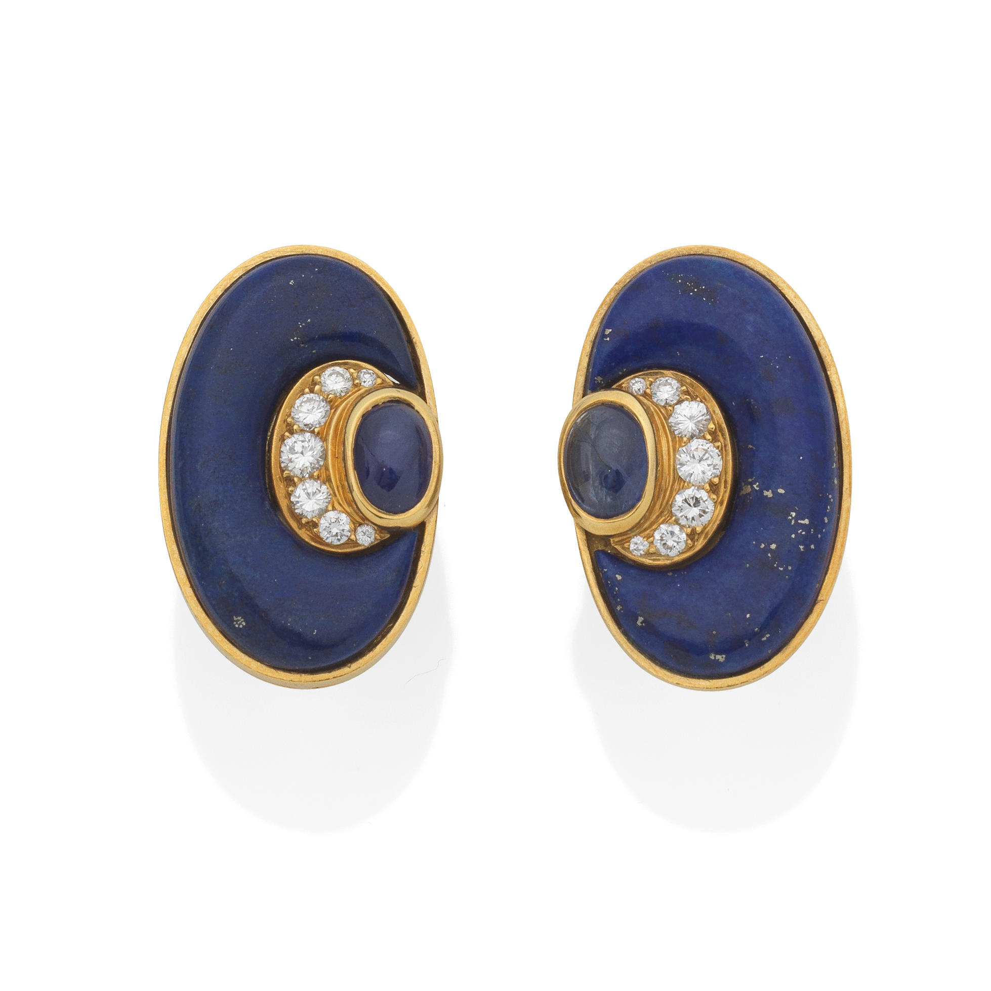 Bonhams : BULGARI LAPIS LAZULI, SAPPHIRE AND DIAMOND EARRINGS