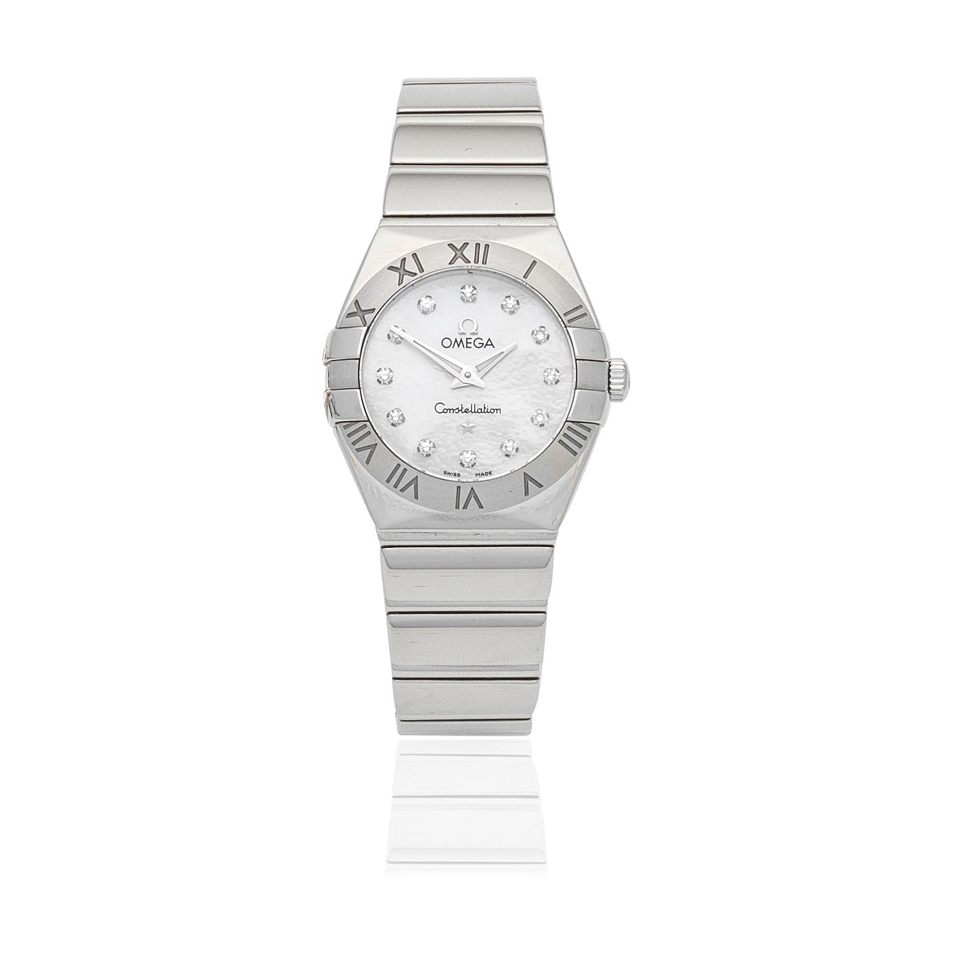 Omega Omega. A lady's stainless steel diamond set quartz bracelet watch with mother of pearl dial Constellation, Ref: 12310246055002, Purchased 30th January 2015 · 12310246055002
