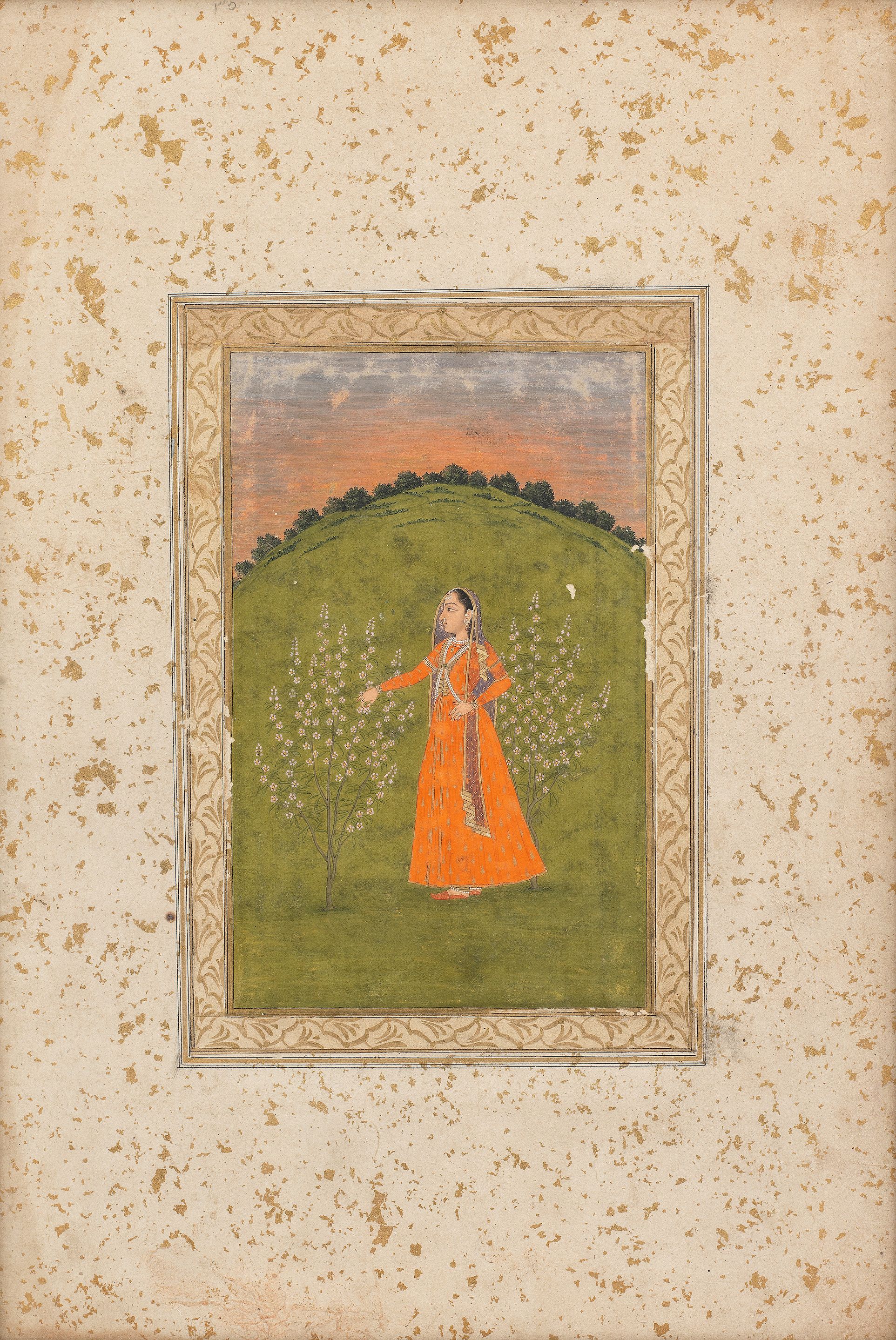 Bonhams A maiden standing between two blossoming trees in a landscape