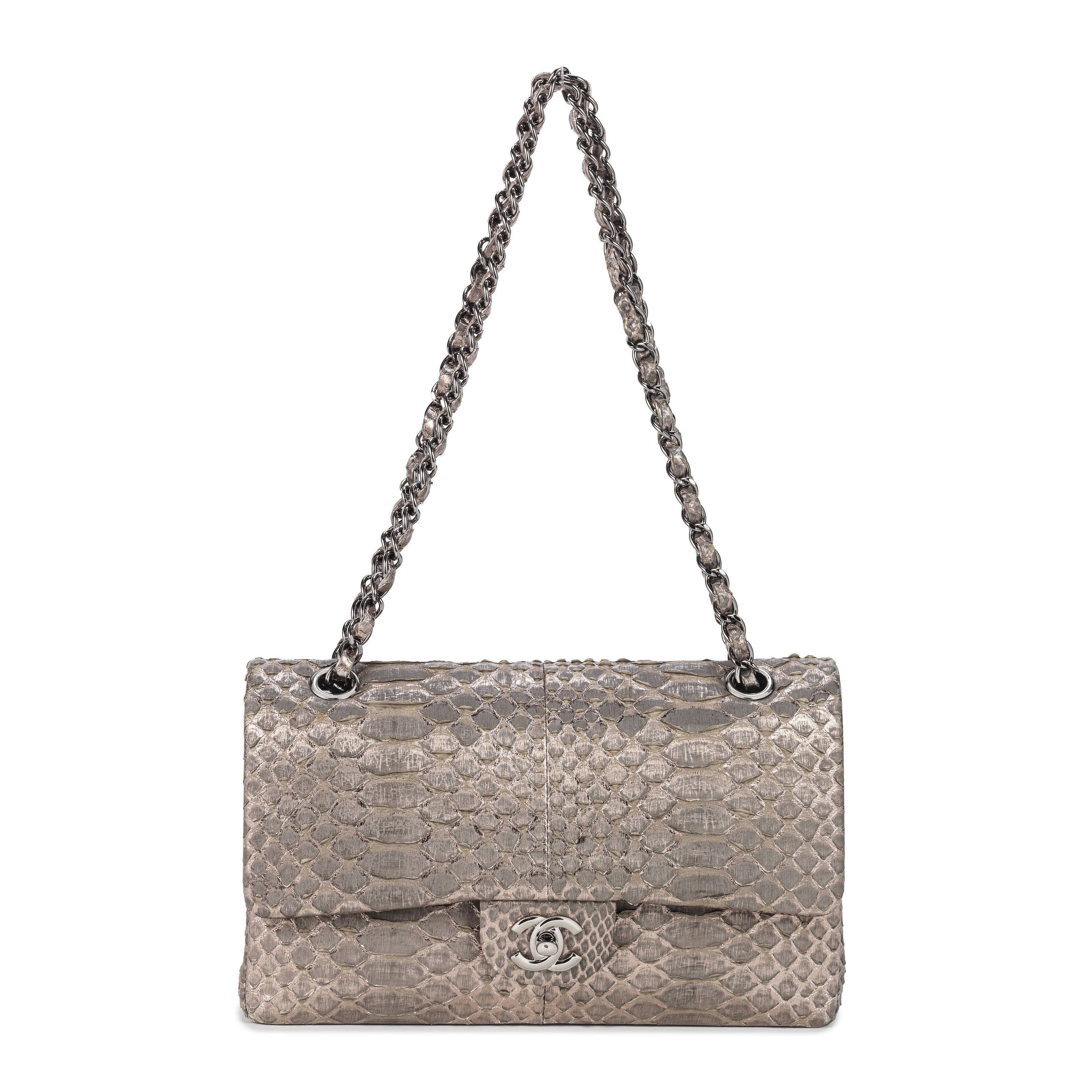 Chanel: a Pewter Python Medium Classic Double Flap Bag 2009-10 (includes authenticity card (serial code missing) and dust bag)