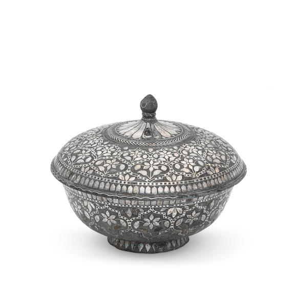 Bonhams : A silver-inlaid alloy bidri bowl and cover Deccan, 19th Century