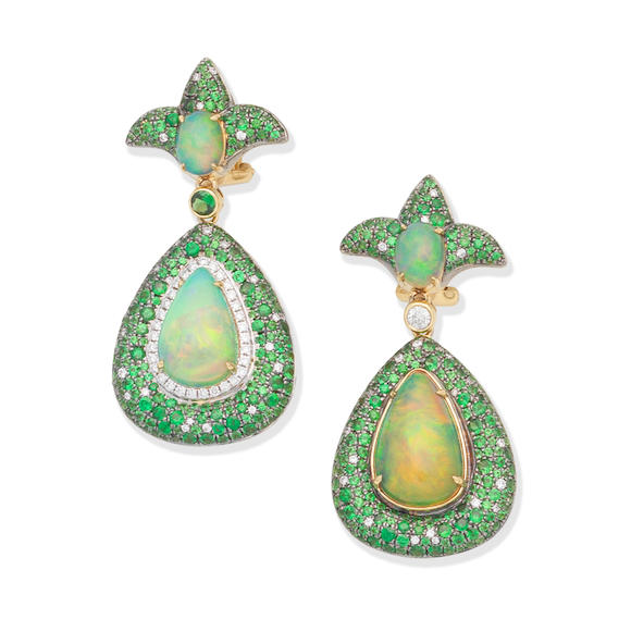 Bonhams : OPAL, TSAVORITE GARNET AND DIAMOND-SET PENDENT EARRINGS