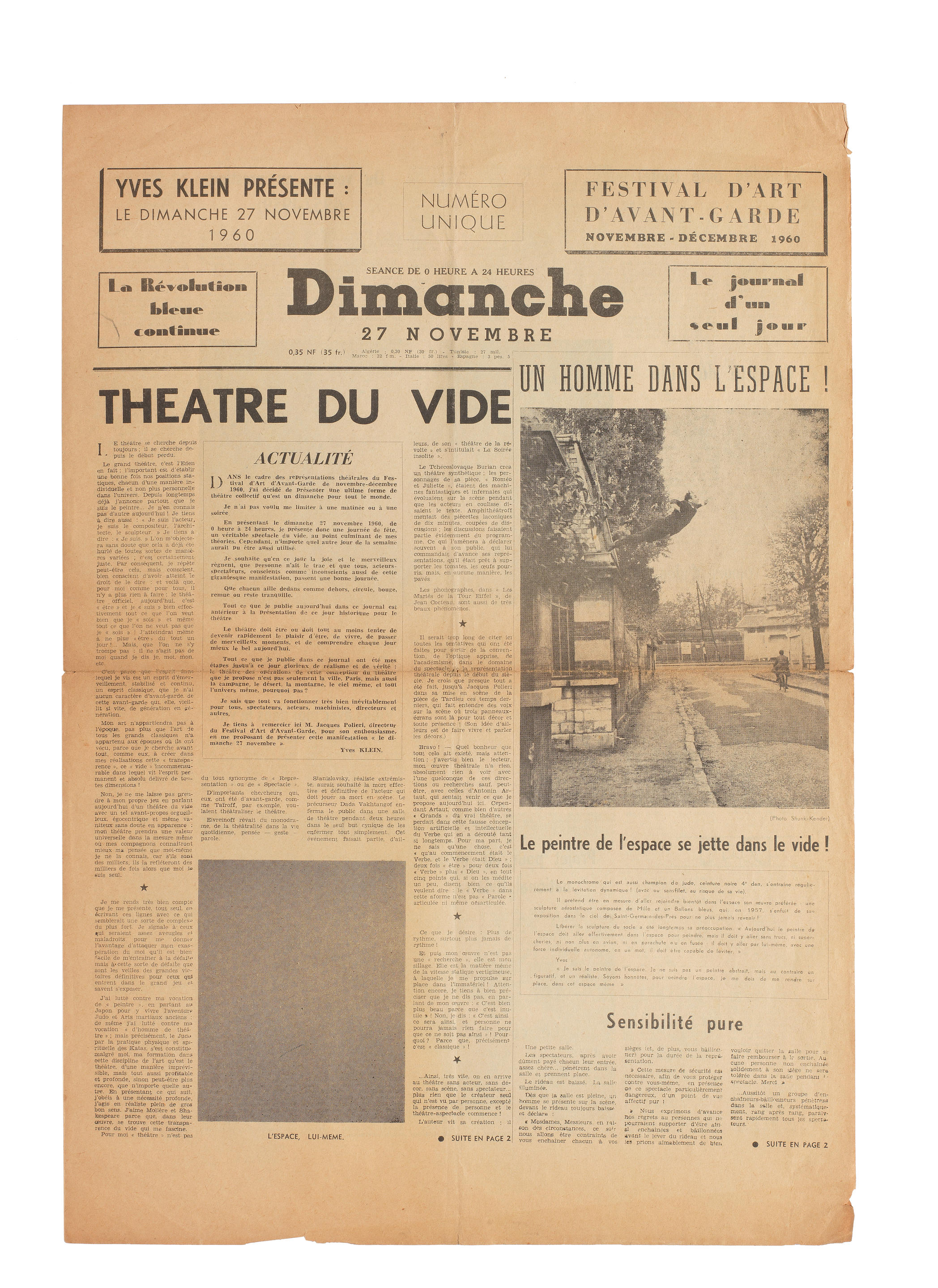 Page De Garde Cahier De Spectateur Bonhams : Yves Klein (1928-1962) Dimanche Le Journal d'un Seul Jour  Halftone and letterpress on newsprint, 1960, a four-page faux newspaper,  produced by the artist on 27th November 1960 for the Festival