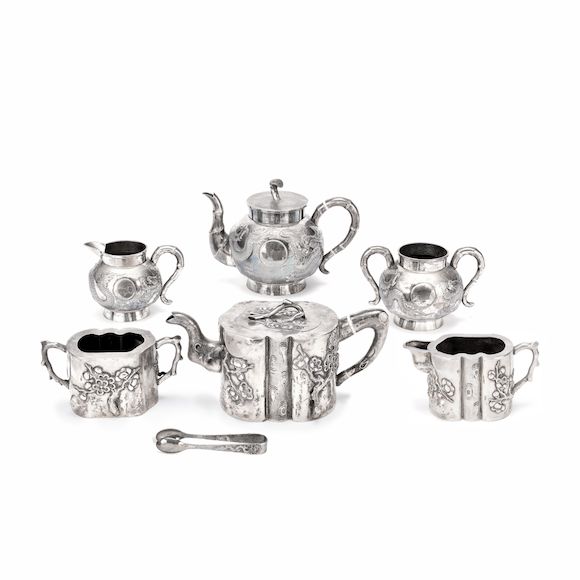 Bonhams TWO DIFFERENT THREEPIECE SILVER TEA SETS Unknown makers mark KC and GS, Canton and