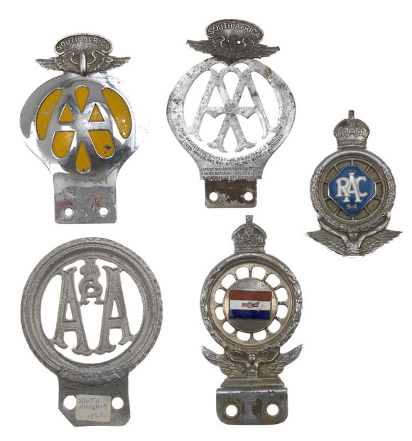 Bonhams : Three South African AA and RAC badges, ((5))