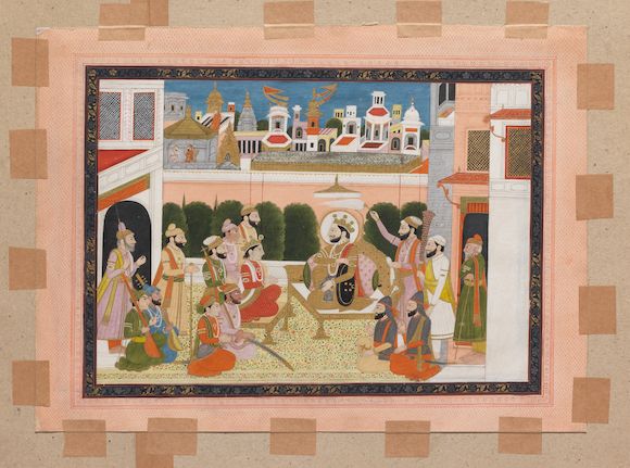 Bonhams : A ruler in durbar on a palace terrace with noblemen, soldiers ...
