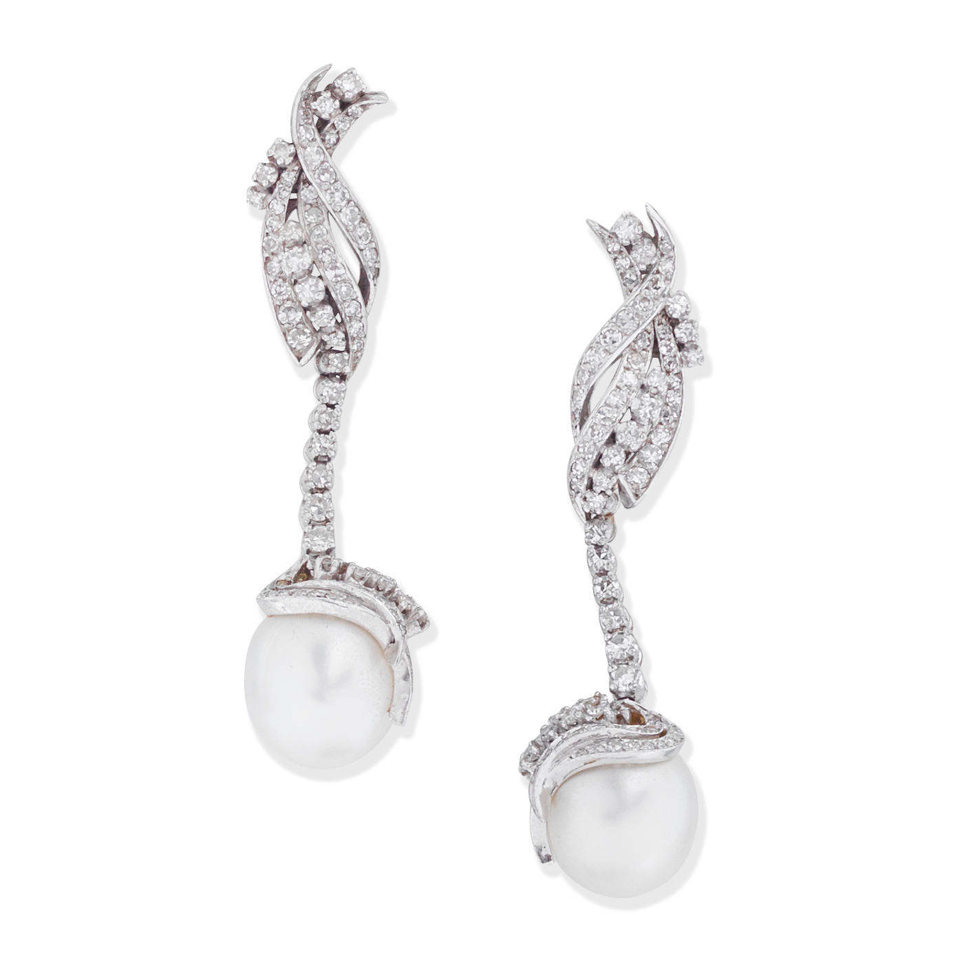 Bonhams : CULTURED PEARL DIAMOND PENDENT EARRINGS