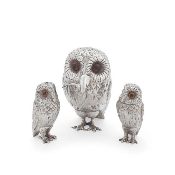 Bonhams A novelty silver owl cruet set R Comyns, London 1958 / 1959 (3)