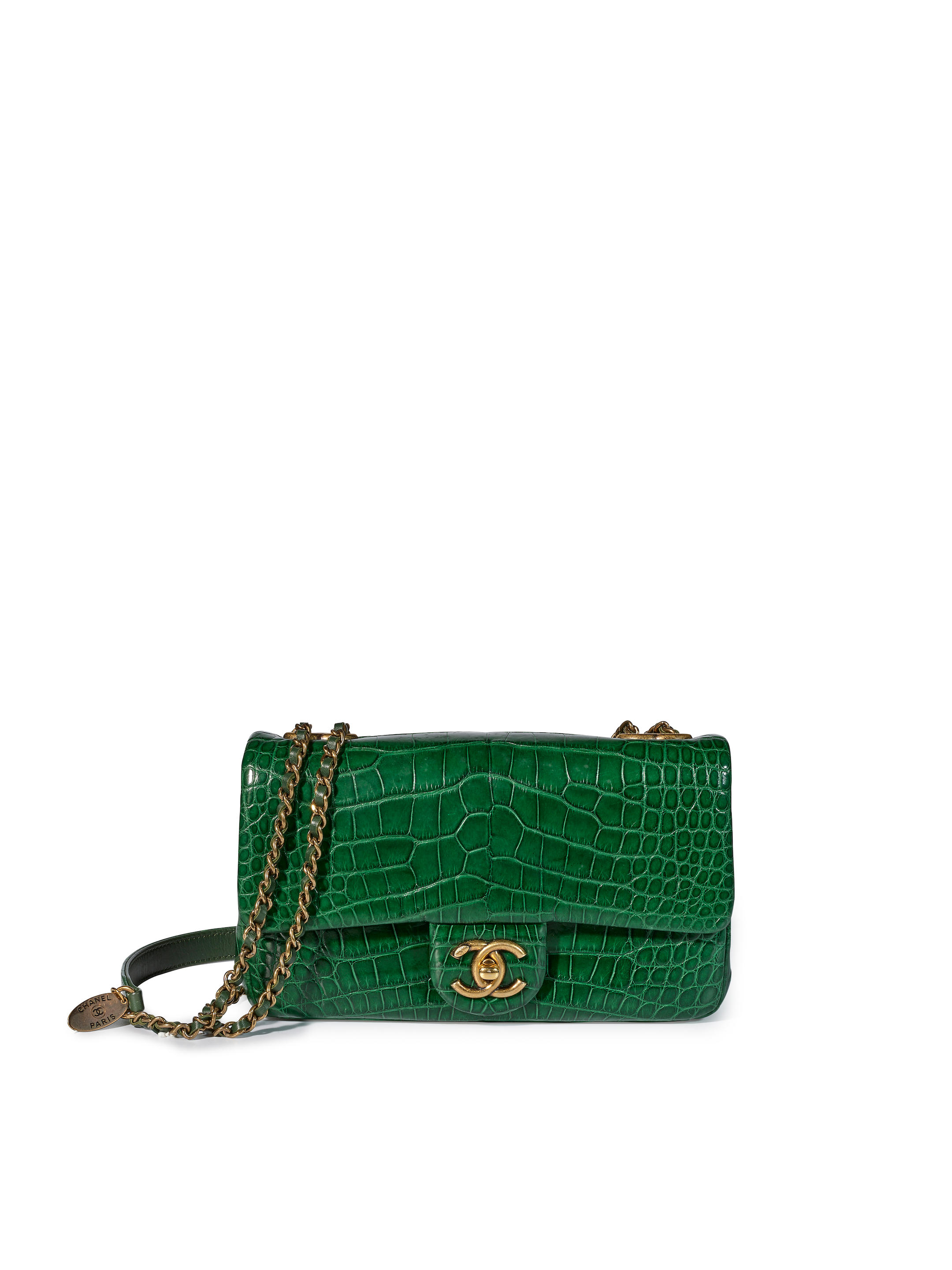 Bonhams : CHANEL EMERALD GREEN SHINY ALLIGATOR CLASSIC CHAIN BAG WITH  ANTIQUE GOLD TONED HARDWARE 2015-2016 (Includes authenticity card and  original dust bag)