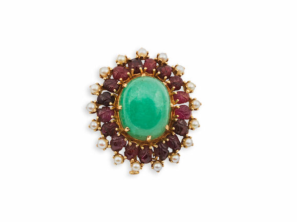 Broche Vintage Vieil Or Avec Cristaux - Panier Émeraude Rubis Améthyste Rose - État Superbe