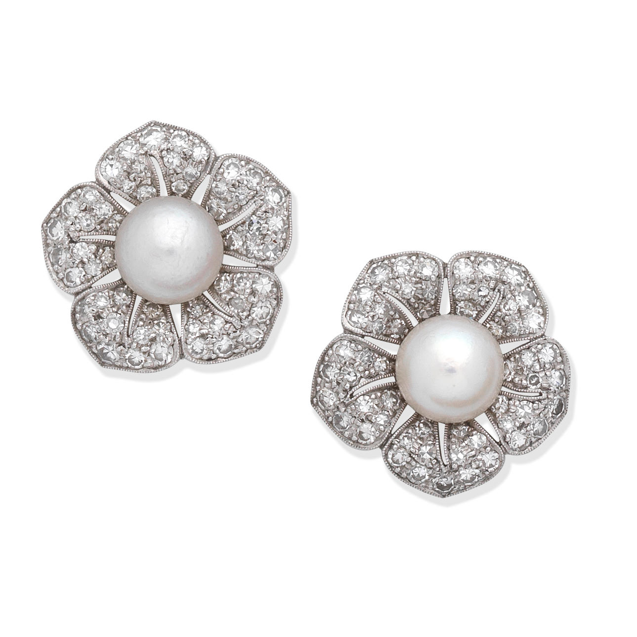 Bonhams : PEARL AND DIAMOND FLOWER EARRINGS,