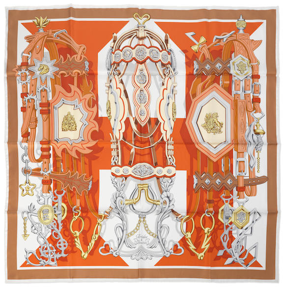 Sold at Auction: Hermès: an Orange Cuit, Beige Doré and Blanc 'Brides et  Destin' Silk Scarf c.2022 (includes box)