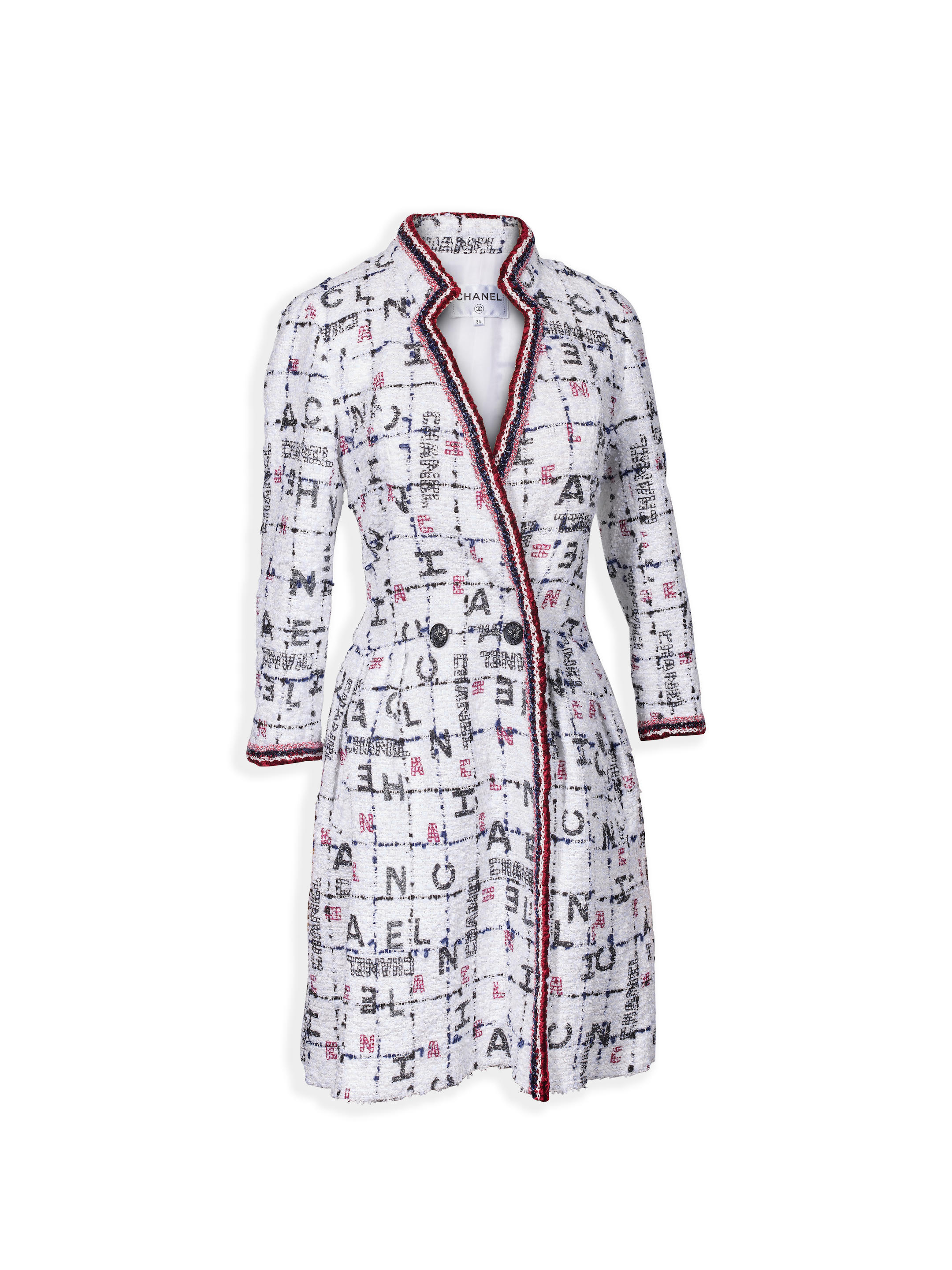 Bonhams : CHANEL WHITE TWEED WITH CRYSTAL CC LOGO BUTTONS LONG COAT DRESS