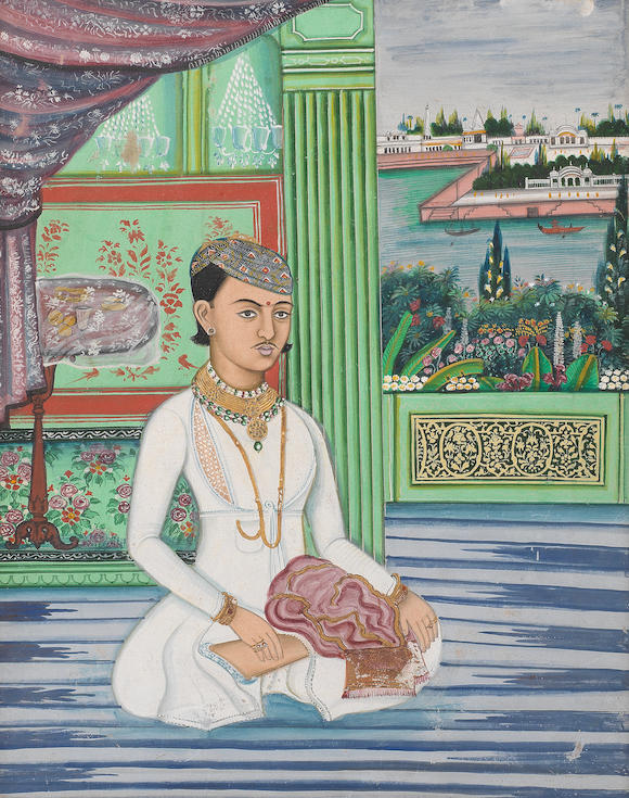 Bonhams A Prince Seated On A Palace Terrace With A Lake Palace Beyond Rajasthan Perhaps