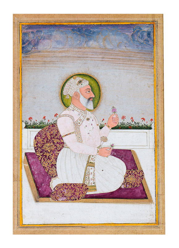 Bonhams A Mughal Emperor Seated On A Terrace Against A Bolster Holding A Flower In Each Hand