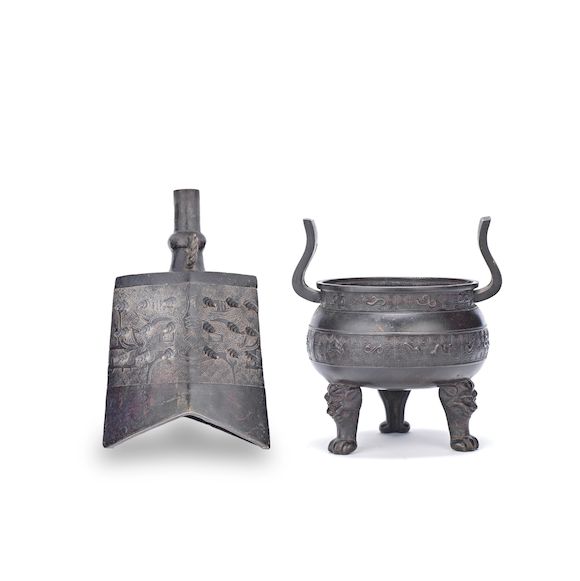 Bonhams AN ARCHAISTIC BRONZE TRIPOD INCENSE BURNER AND AN ARCHAISTIC