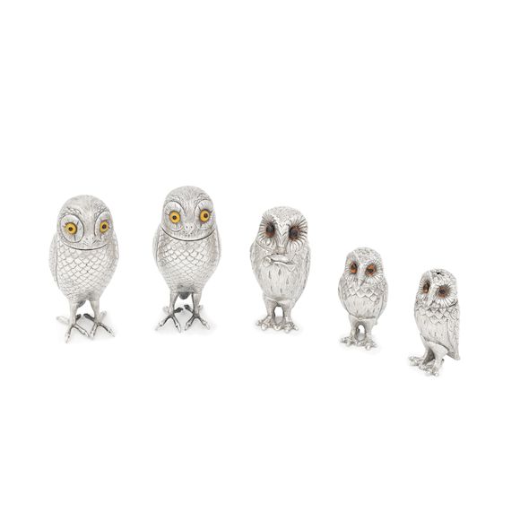 Bonhams A novelty silver owl cruet set Richard Comyns, London 1967