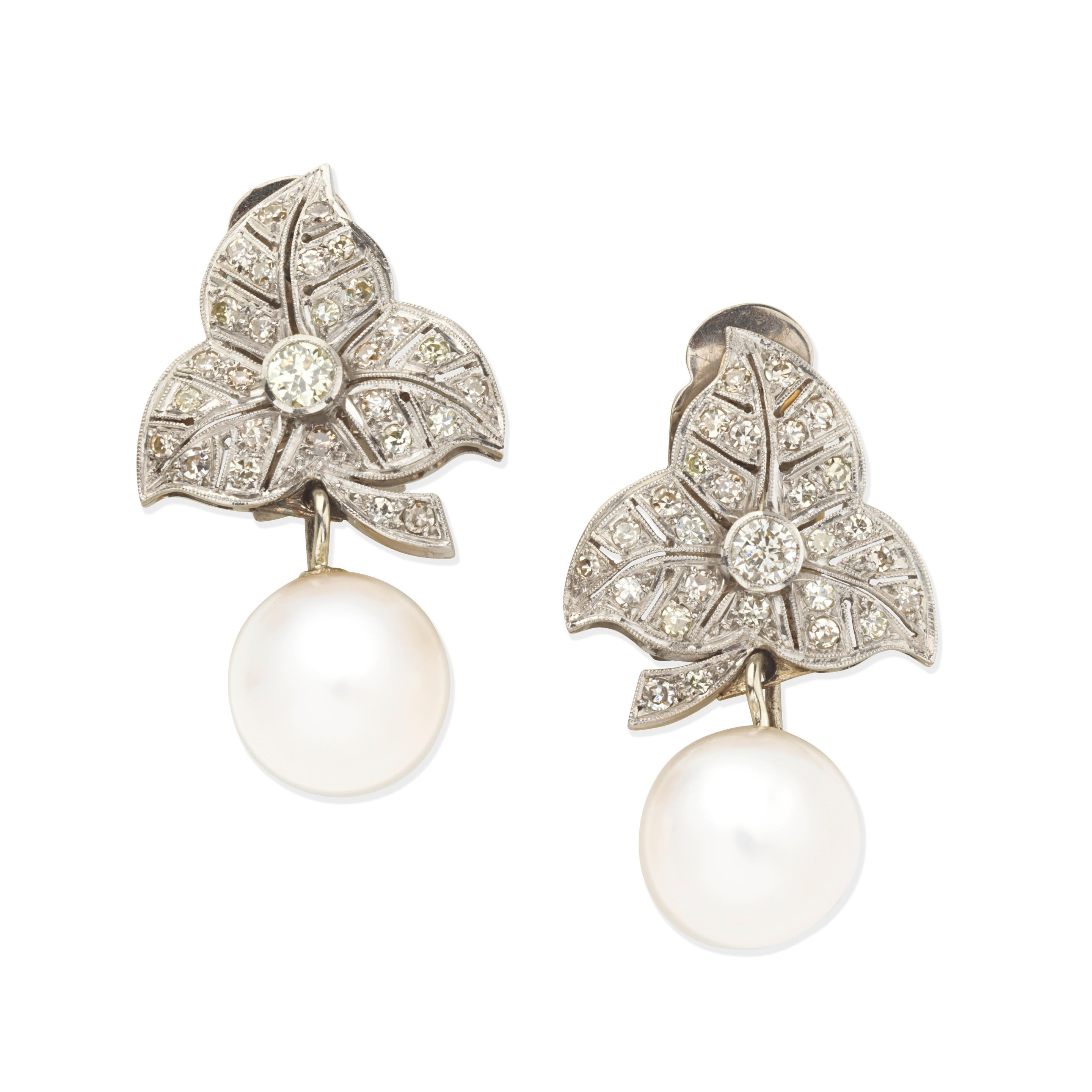 Bonhams : CULTURED PEARL AND DIAMOND EARRINGS