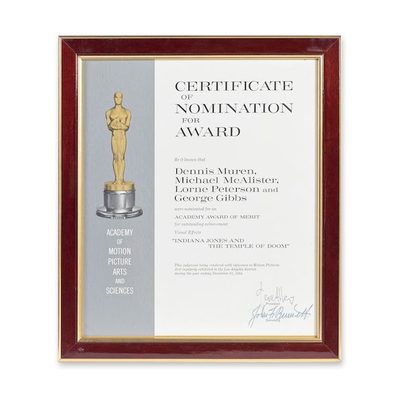 Bonhams Indiana Jones and The Temple of Doom An Academy Award Nomination Certificate Presented