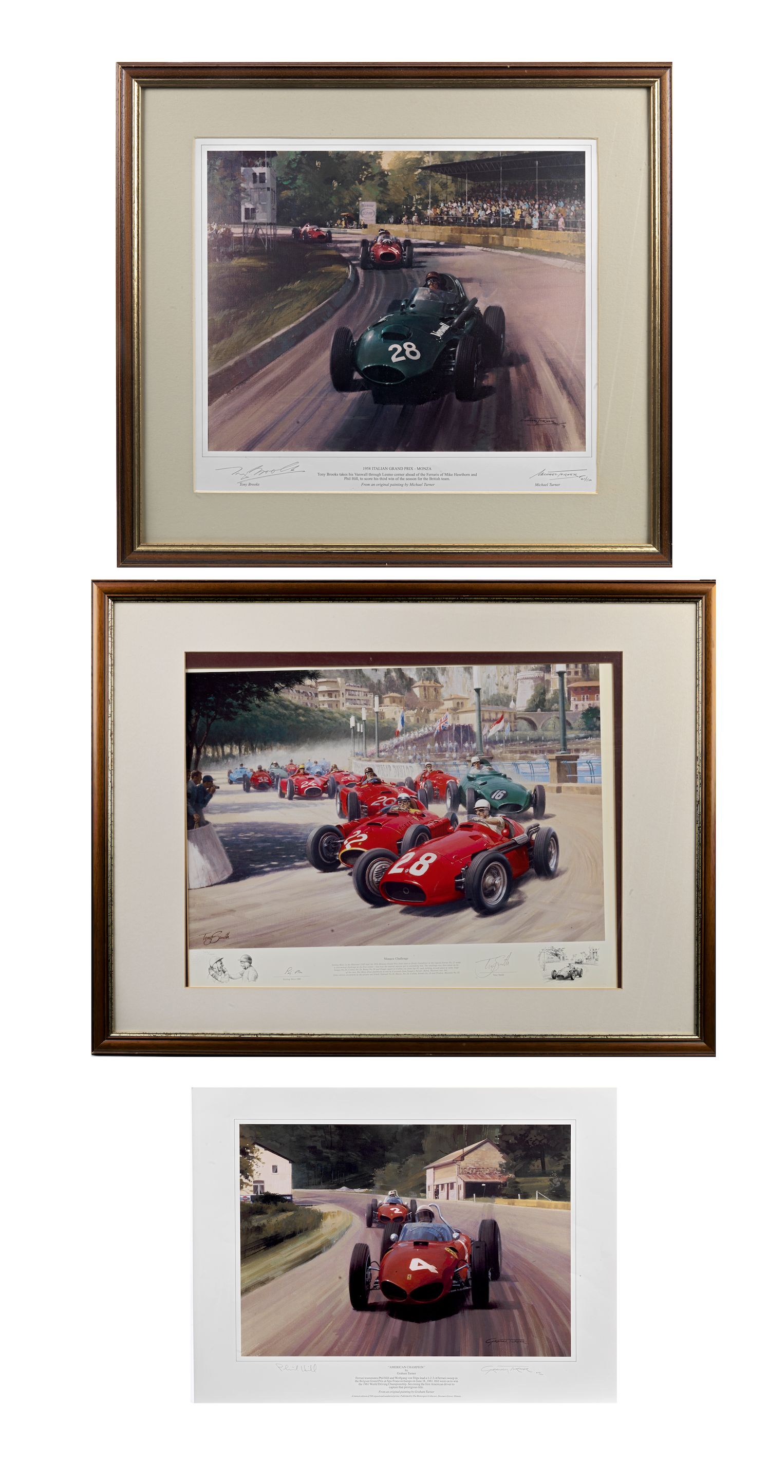 Bonhams Cars Three limited edition driver signed motorsport prints, ((3))