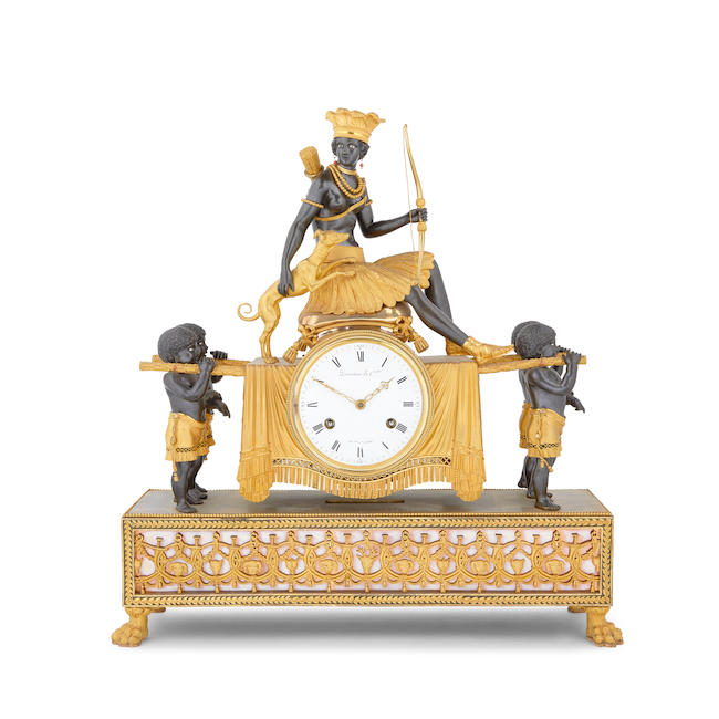 A very fine and impressive late 18th century French gilt and patinated bronze mantel clock Deverberie & Comp. Invet. Fecit, Paris. "The Huntress"