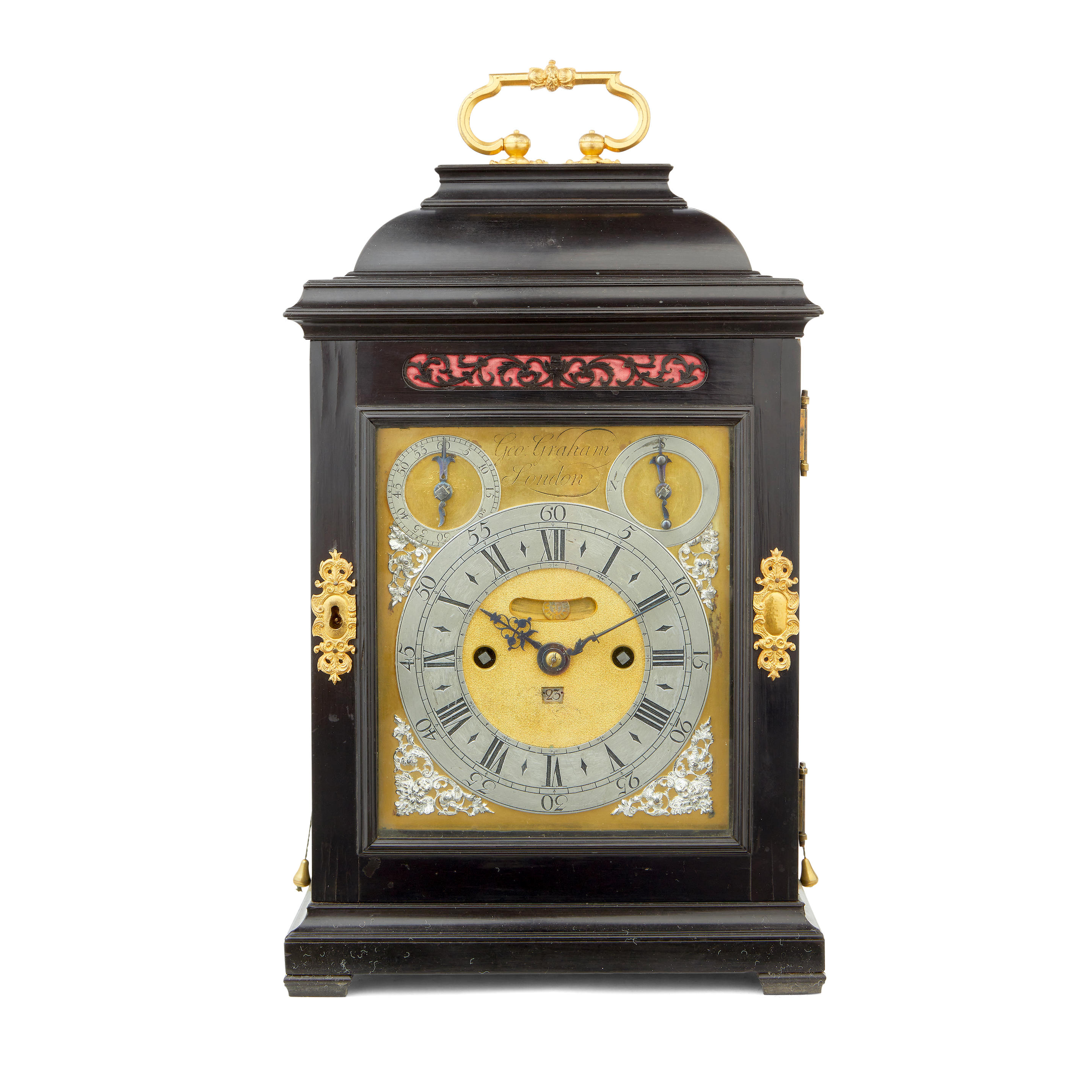 A fine first half of the 18th century silver-mounted ebony table clock with...