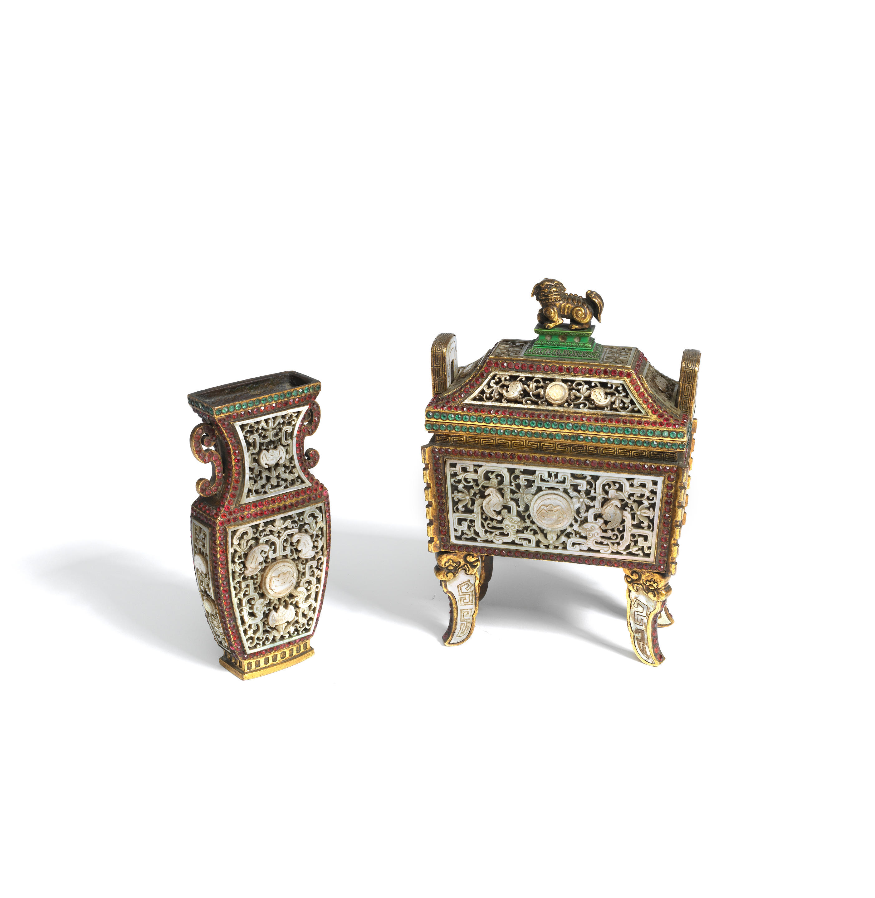 A GILT-BRONZE GLASS AND MOTHER OF PEARL INLAID INCENSE BURNER AND COVER AND...