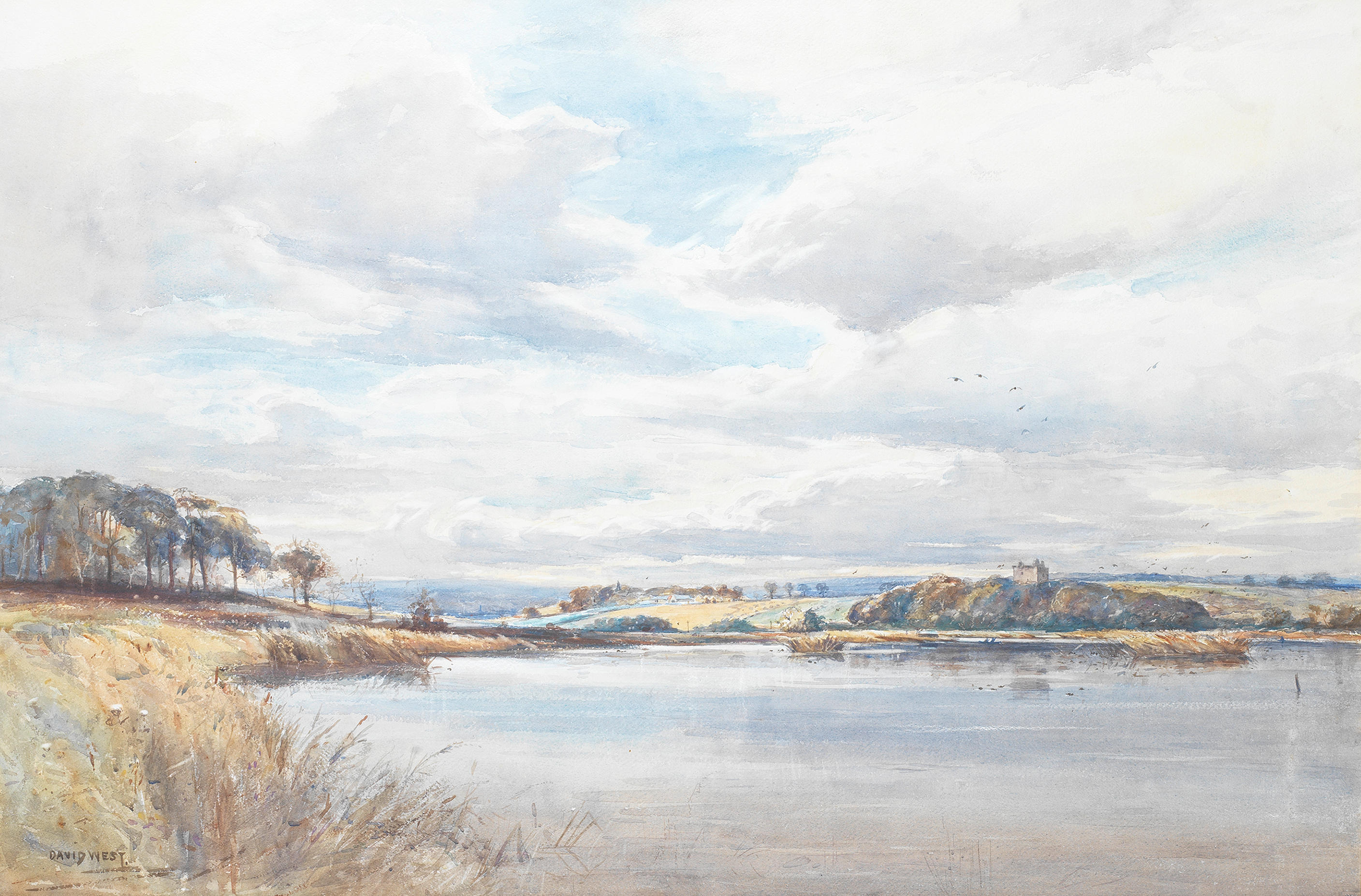 Bonhams : David West RSW (British, 1868-1936) A loch with castle beyond