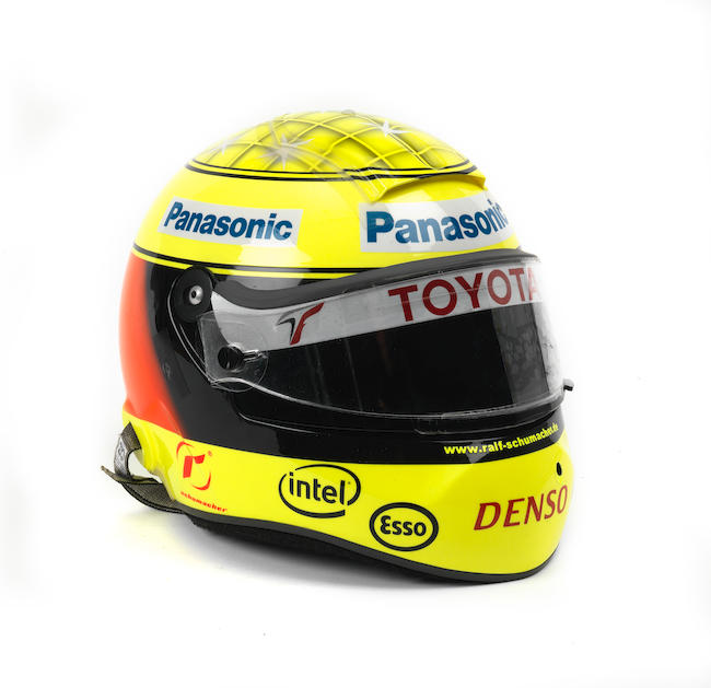 A Ralf Schumacher helmet by Schuberth, used during the Spanish Grand Prix for Toyota F1, 2006,