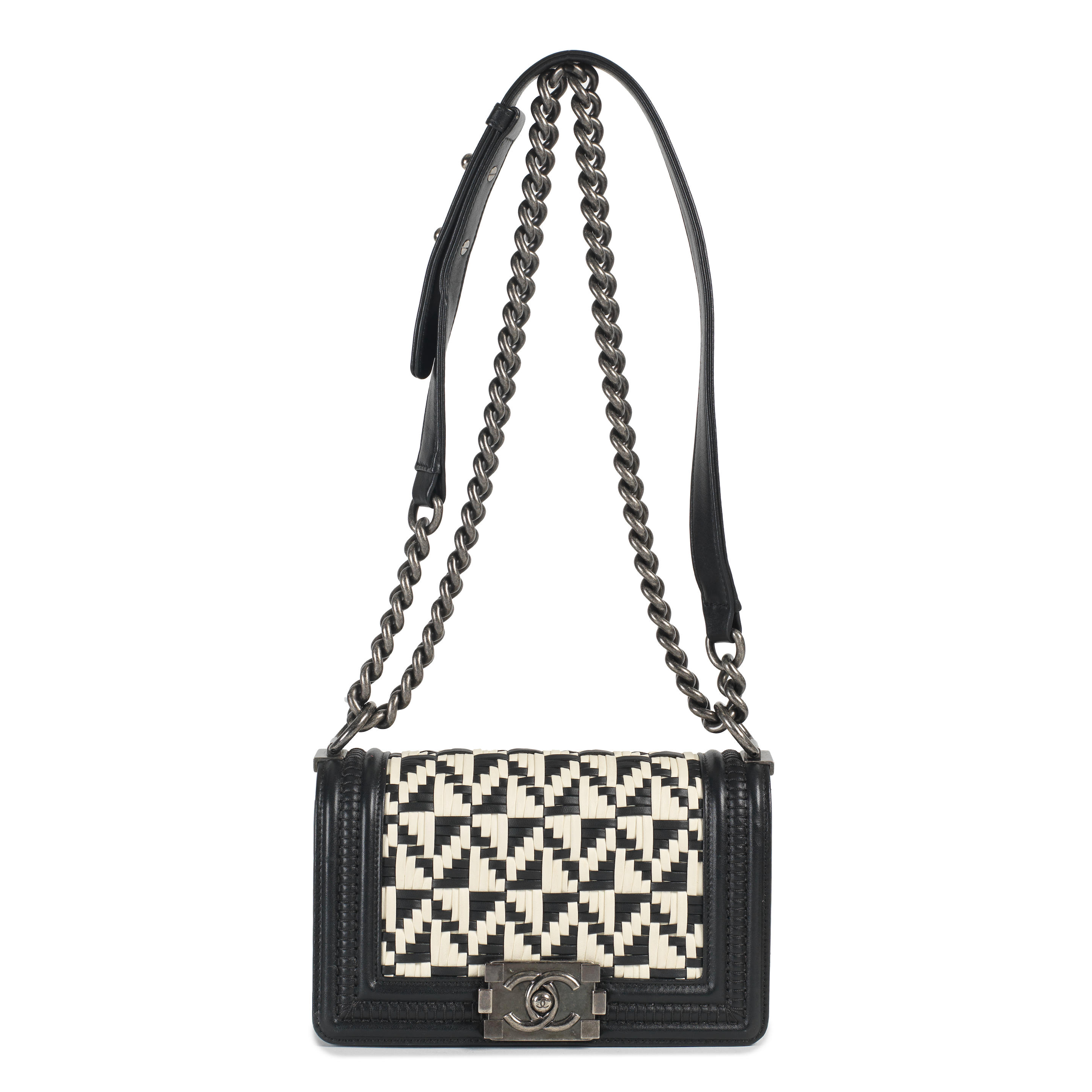 Chanel Limited Edition Black and White Calfskin Woven Small Boy Bag 20cm at  1stDibs