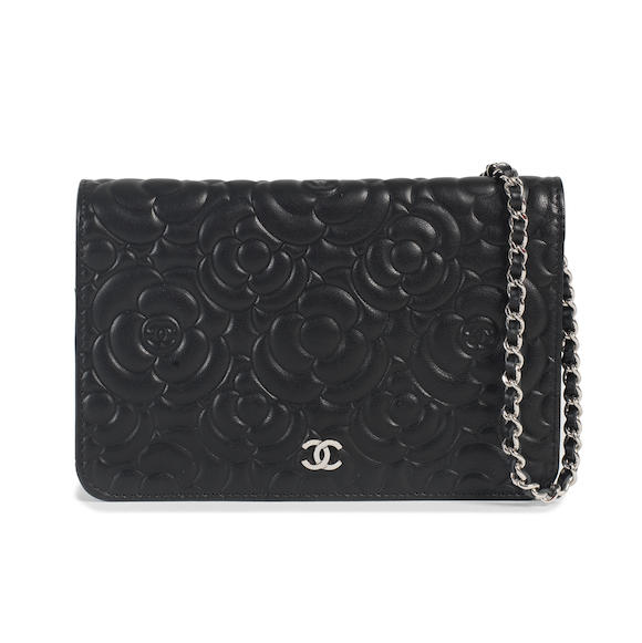 Chanel Lambskin Camellia Wallet On Chain WOC Black Silver HW