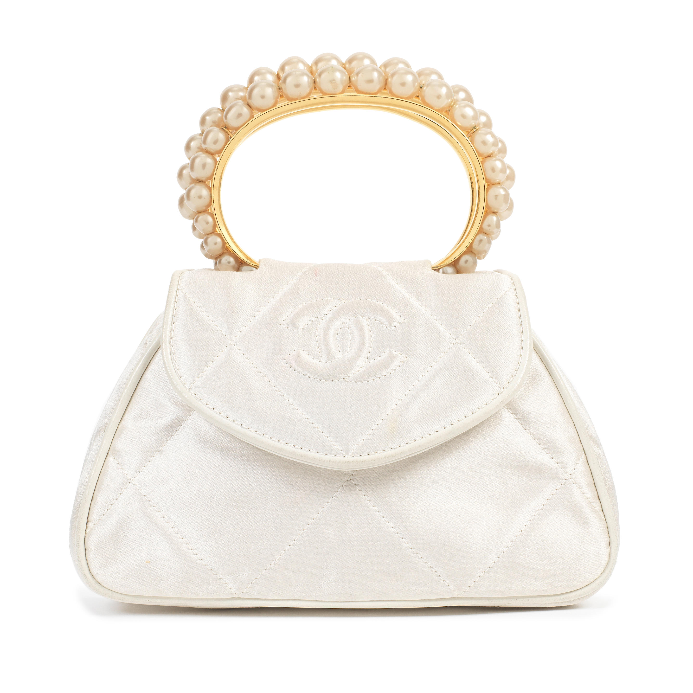 Karl Lagerfeld for Chanel a White Satin and Simulated Pearl Top Handle Mini  Flap Bag 1989-91 (includes serial sticker, authenticity card and dust bag)  - Bonhams