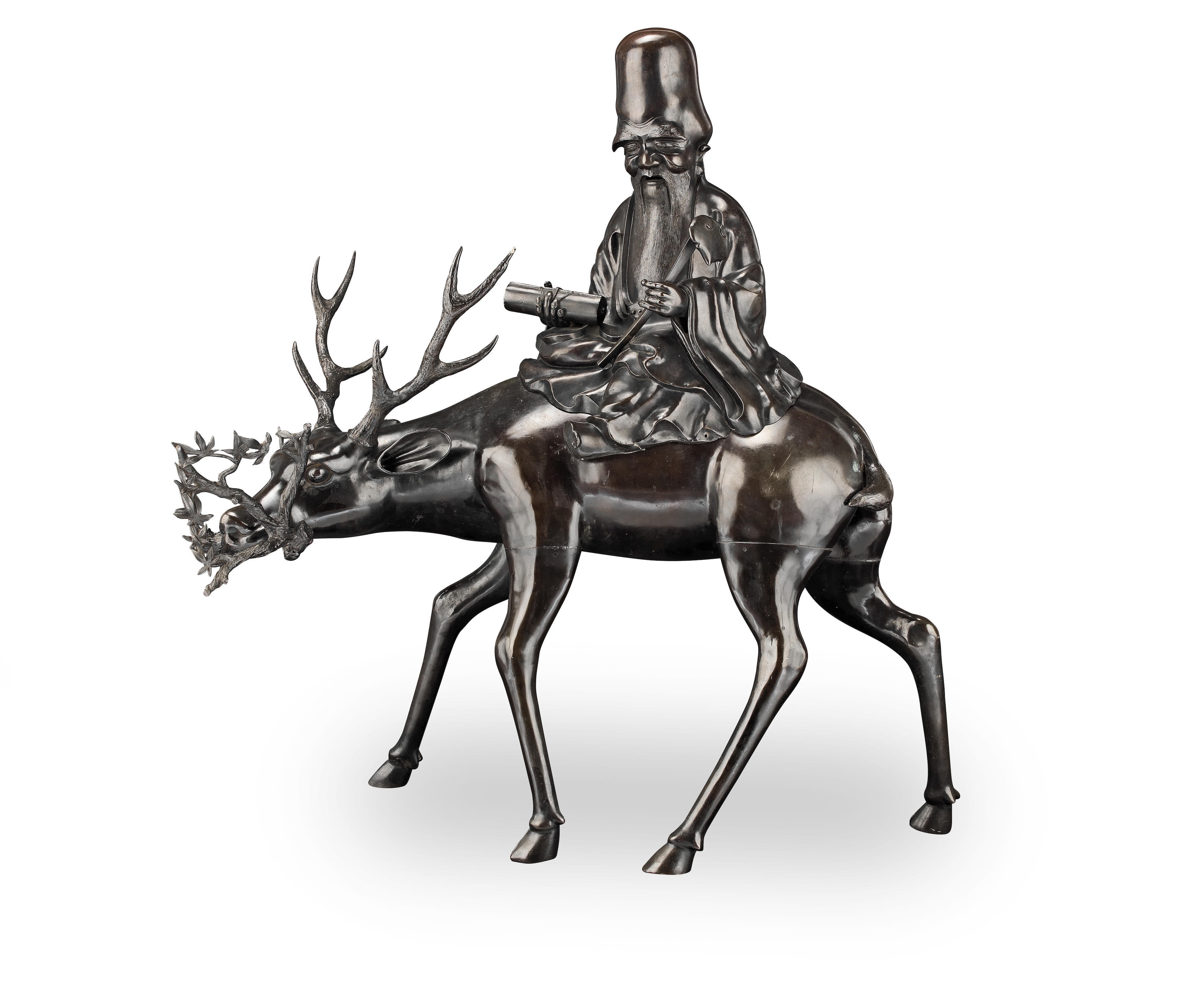 A VERY LARGE BRONZE KORO OF JUROJIN SEATED ON A DEER